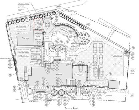 Detailed landscape design plan with pool, garage, outdoor living spaces. Residential landscaping near me| Down To Earth Landscaping | Jackson New Jersey, USA (732) 833-7702