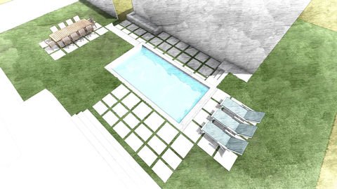 Aerial view of modern residential backyard with pool, lounge chairs, dining. Residential landscaping near me| Down To Earth Landscaping | Jackson New Jersey, USA (732) 833-7702