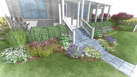 Colorful flowering plants and shrubs enhance a residential front entrance. Residential landscaping near me| Down To Earth Landscaping | Jackson New Jersey, USA (732) 833-7702