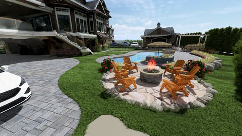 Grand estate featuring outdoor pool, fire pit, lounge chairs, and lush landscaping. Residential landscaping near me| Down To Earth Landscaping | Jackson New Jersey, USA (732) 833-7702