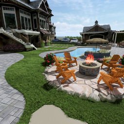 Luxurious backyard with fire pit, Adirondack chairs, swimming pool, and large house. | Down To Earth Landscaping | Jackson New Jersey, USA (732) 833-7702