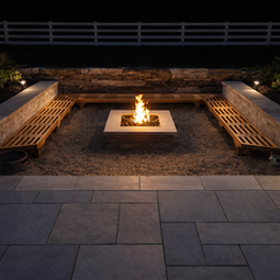 Outdoor stone patio with warm fire pit, built-in benches, and lighting. | Down To Earth Landscaping | Jackson New Jersey, USA (732) 833-7702