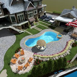 Aerial view luxury house, swimming pool, patio, and American flag. | Down To Earth Landscaping | Jackson New Jersey, USA (732) 833-7702